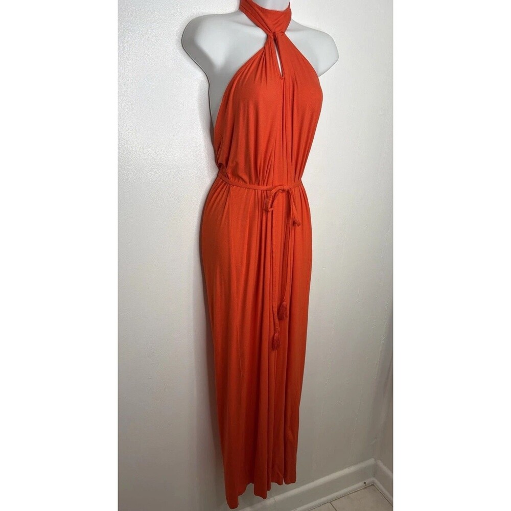 Hobbs London NWT Maxi Halter Jersey Goddess Sun-kissed Orange Dress 10 $165 M